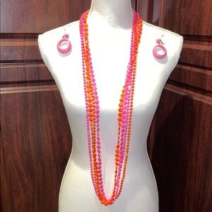 Vibrant Vintage Pink & Orange Beaded Necklace & Clip on hoop earrings